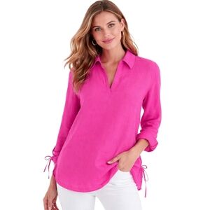 Isaac Mizrahi Hot Pink Linen Side Tie Blouse Size S